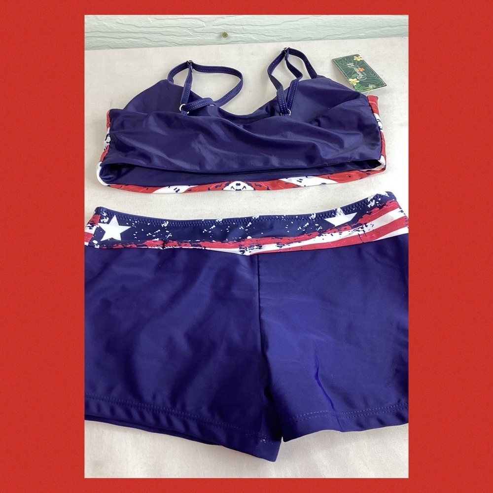 Patriotic, red, white and blue two piece boy short swimsuit - Picture 3 of 6